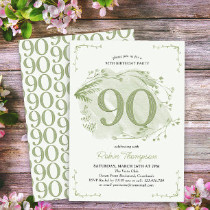 90th Birthday Green Dainty Wildflower Number 90 Invitation
