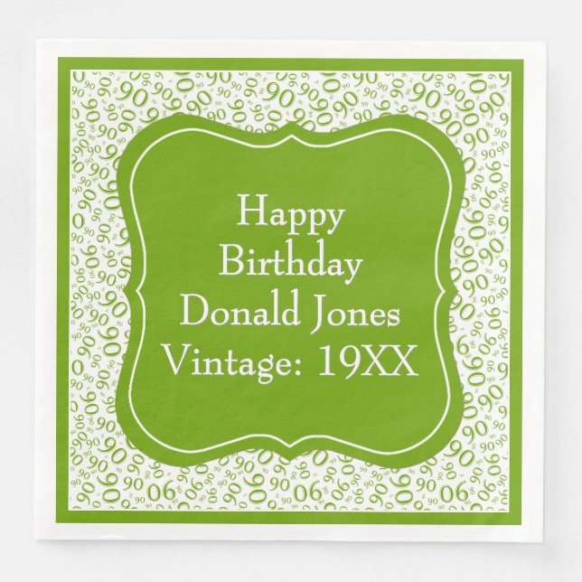 90th Birthday Green/White Bracket Number Pattern Napkin (Front)