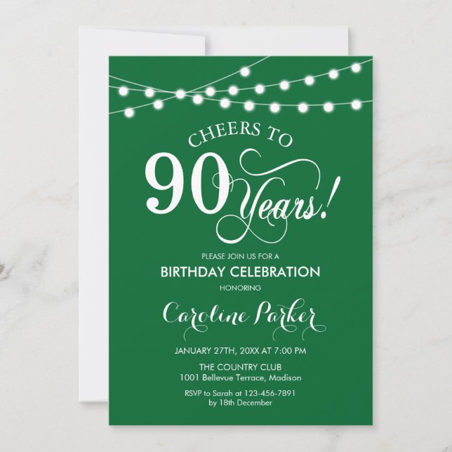 90th Birthday - Green White Invitation (Front)