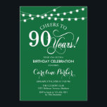90th Birthday - Green White Invitation<br><div class="desc">90th Birthday Invitation.
Elegant emerald forest green and white design with fairy string lights and script font. Cheers to 90 years. Can be personalized into any age! Message me if you need further customization.</div>