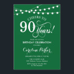 90th Birthday - Green White Invitation<br><div class="desc">90th Birthday Invitation.
Elegant emerald forest green and white design with fairy string lights and script font. Cheers to 90 years. Can be personalized into any age! Message me if you need further customization.</div>