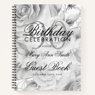 90th Birthday Guestbook Party Floral Silver White Notebook