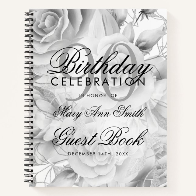 90th Birthday Guestbook Party Floral Silver White Notebook (Front)