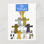 90th Birthday Humour Cartoon Cats Postcard<br><div class="desc">Cartoon cats standing on each other's shoulders,  with the top cat holding a large blue sign that says 'Happy 90th Birthday'.</div>