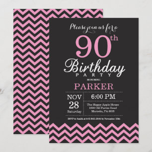 90th Birthday Invitation Black and Pink Chevron