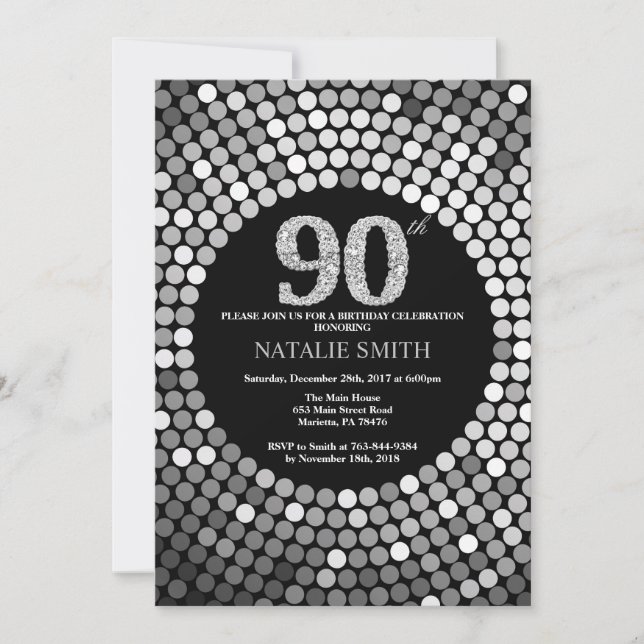 90th Birthday Invitation Black and Silver Glitter (Front)