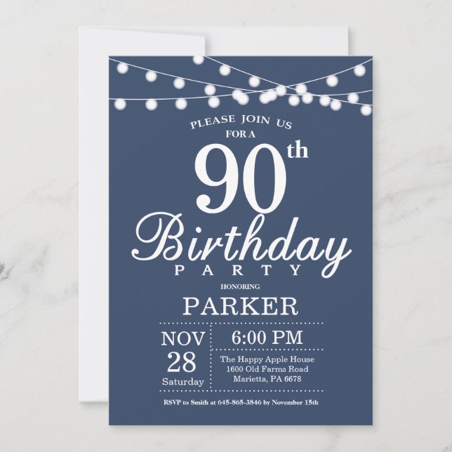 90th Birthday Invitation Blue (Front)