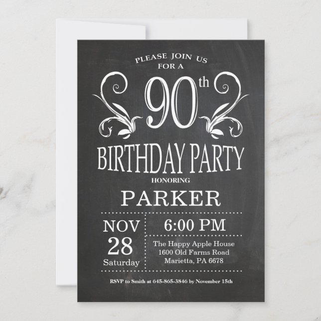 90th Birthday Invitation Chalkboard Floral (Front)