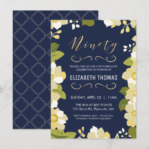 90th Birthday Invitation, Customize Floral w/ Gold Invitation