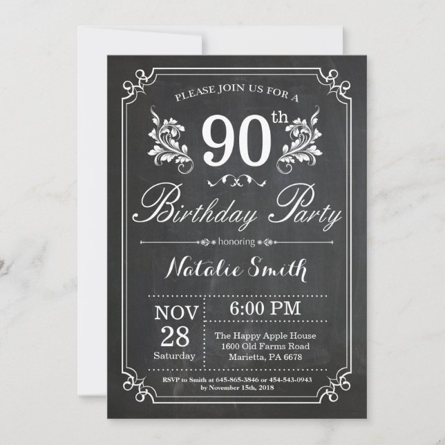 90th Birthday Invitation Floral Chalkboard (Front)