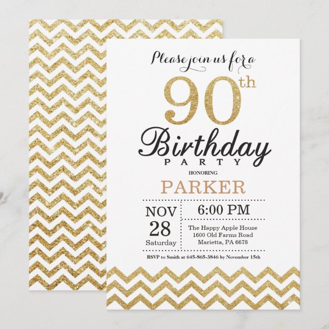 90th Birthday Invitation Gold Glitter (Front/Back)