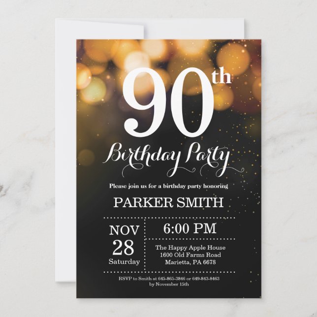 90th Birthday Invitation Gold Glitter (Front)