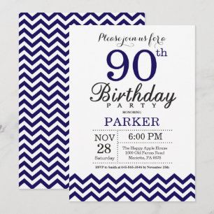 90th Birthday Invitation Navy Blue Chevron
