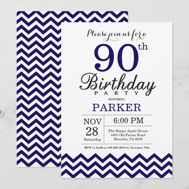 90th Birthday Invitation Navy Blue Chevron (Front/Back)