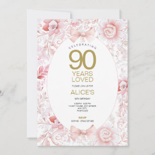 90th Birthday Invitation Pink Floral Vintage Toile
