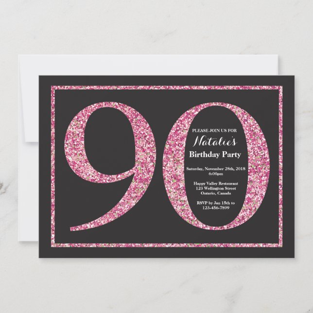 90th Birthday Invitation Pink Glitter Chalkboard (Front)