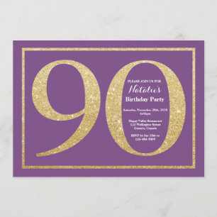 90th Birthday Invitation Purple and Gold Glitter
