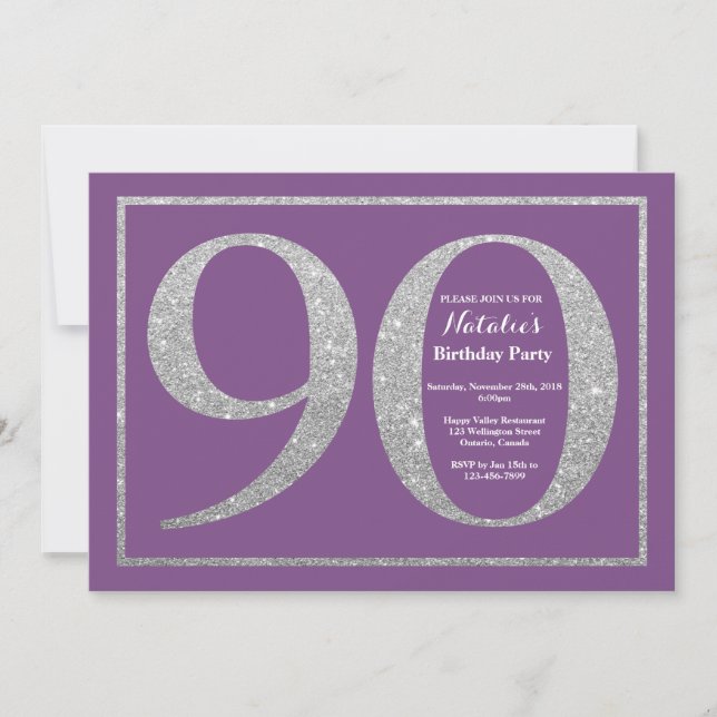 90th Birthday Invitation Purple and Silver Glitter (Front)