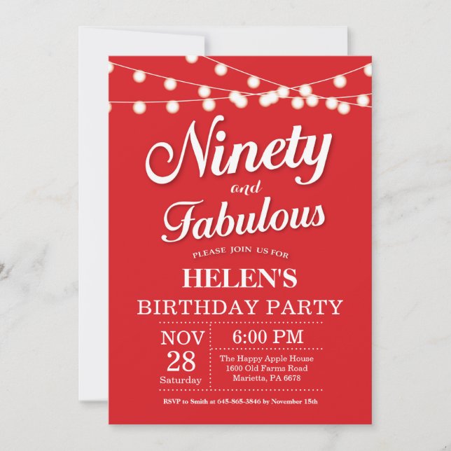 90th Birthday Invitation Red Fabulous (Front)