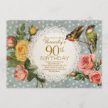 90th Birthday Invitation Rustic Floral Birds Blue<br><div class="desc">90th birthday party invitation for women. Elegant rose florals,  birds,  a lace doily and polka dot background give this invitation an antique flair. Perfect for mom's birthday party. The text is fully editable,  so you can personalize the card,  change the age or wording to suit your event!</div>