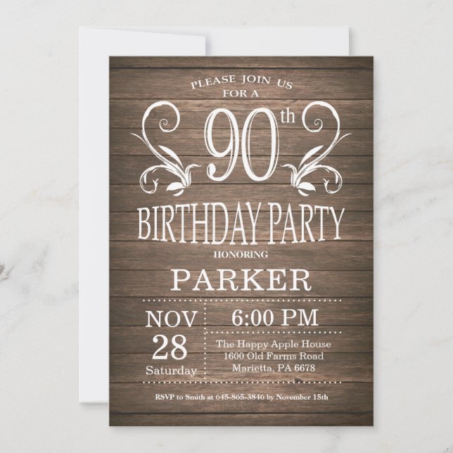 90th Birthday Invitation Rustic Wood Floral (Front)