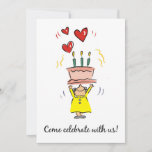 90th Birthday Invitation Woman with Cake Humour<br><div class="desc">Your family and friends will love this Invitation card! Let them know about your 90th Birthday party with this colourful design full of humour. A woman wearing a yellow dress,  holds a big pink cake with candles,  all below three red hearts.</div>