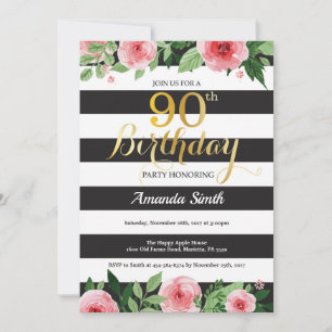 90th Birthday Invitation Women. Floral Gold Black
