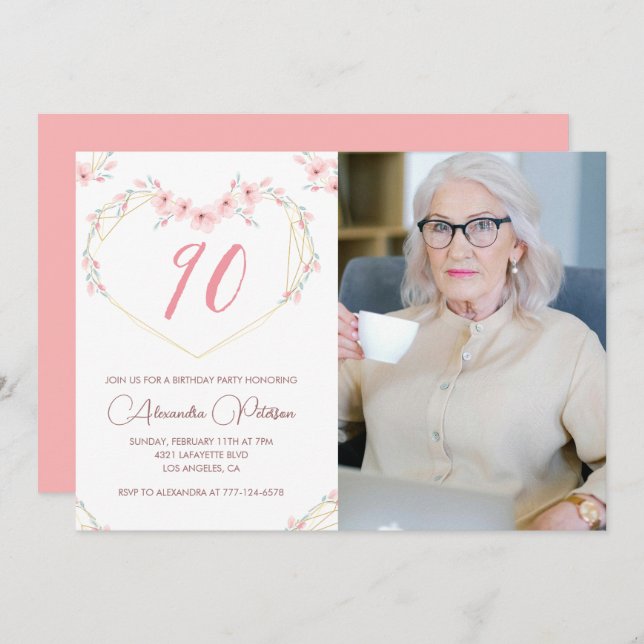 90th birthday invitations Boho Floral Photo (Front/Back)