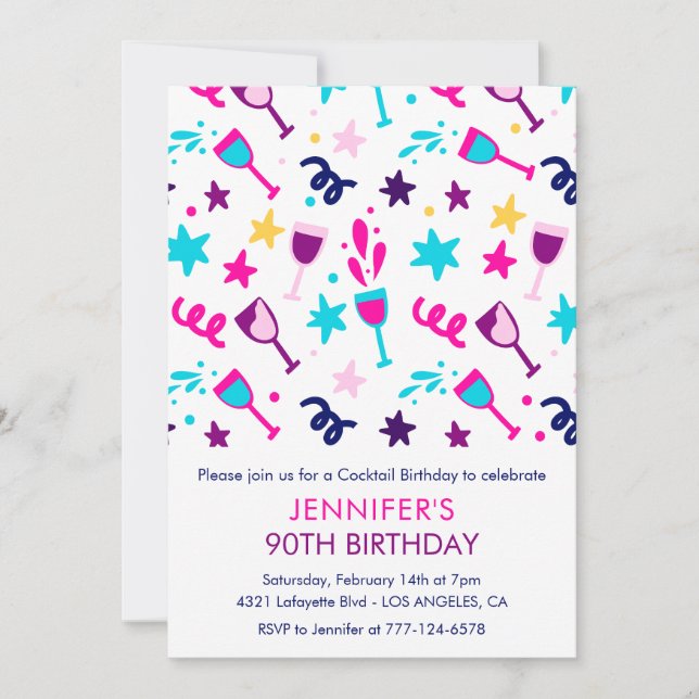 90th birthday invitations Cocktail Modern Pink (Front)