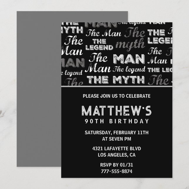 90th birthday invitations for him Men Myth Legend (Front/Back)