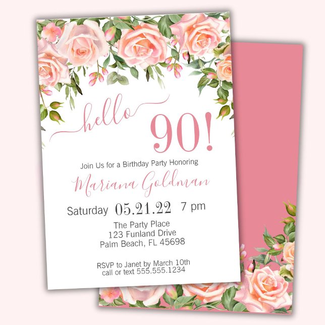 90th Birthday Invitations Pink Floral Modern Party (Creator Uploaded)