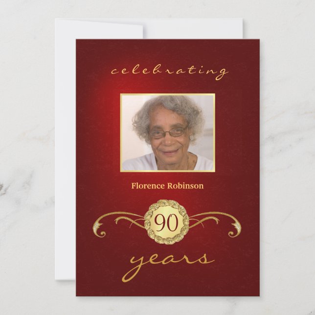 90th Birthday Invitations - Royal Red Monogram (Front)