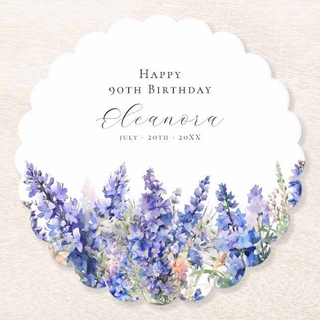 90th Birthday July Birth Flower Larkspur Custom Paper Coaster (Front)
