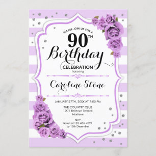 90th Birthday -  Lavender White Purple Flowers Invitation