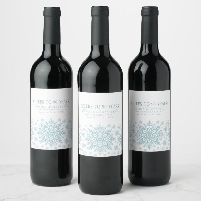 90th Birthday Minimalist Blue Snowflake Custom Wine Label (Bottles)