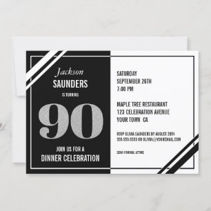 90th Birthday Modern Black and White Dinner Party Invitation