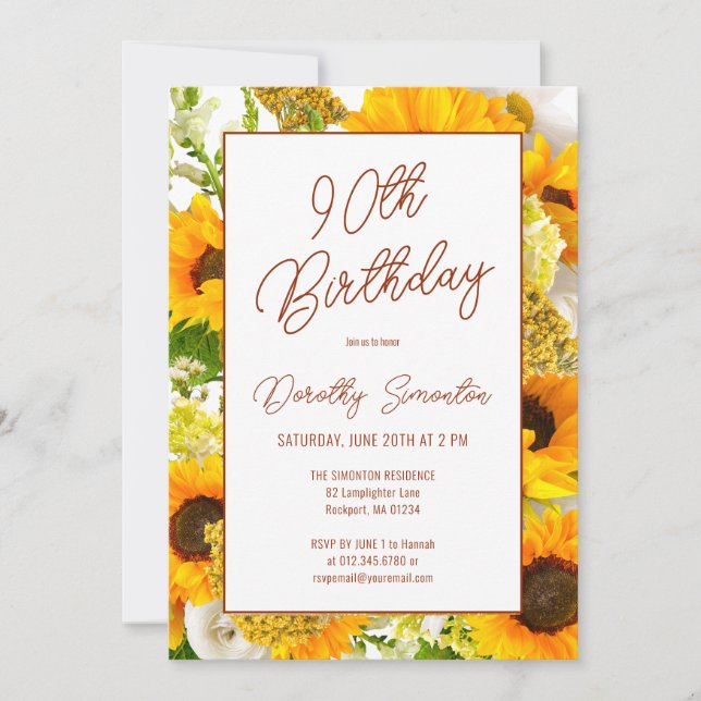 90th Birthday Modern Sunflower Floral Invitation (Front)