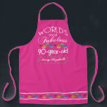 90th Birthday Most Fabulous Colorful Gems Pink Apron<br><div class="desc">Celebrate the milestone birthday of your favorite senior citizen with this fun gift reminding them of how fabulous they are. White and grey lettering on deep turquoise background. Colorful diamond-cut gems in rainbow tones serve as accent. Customize with names, initials or other text. This series is in increments of 5...</div>