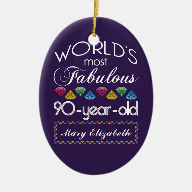 90th Birthday Most Fabulous Colourful Gems Purple Ceramic Ornament (Front)