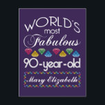 90th Birthday Most Fabulous Colourful Gems Purple Postcard<br><div class="desc">Celebrate the milestone birthday of your favourite senior citizen with this fun gift reminding them of how fabulous they are. White and grey lettering on deep purple background. Colourful diamonds in rainbow tones serve as accent. Customize with names, initials or other text. This series is in increments of 5 years...</div>