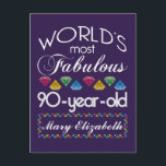90th Birthday Most Fabulous Colourful Gems Purple Postcard<br><div class="desc">Celebrate the milestone birthday of your favourite senior citizen with this fun gift reminding them of how fabulous they are. White and grey lettering on deep purple background. Colourful diamonds in rainbow tones serve as accent. Customize with names, initials or other text. This series is in increments of 5 years...</div>