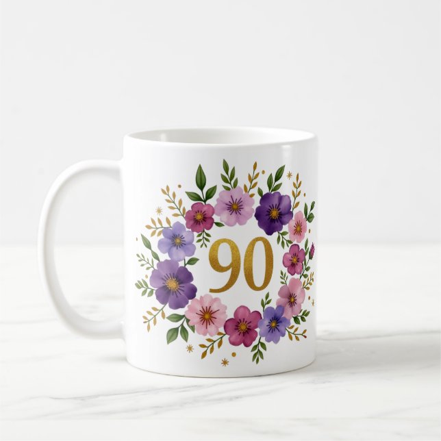 90th Birthday Mug – Floral Wreath with Gold Number (Left)