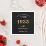 90th Birthday Name 1935 Black Gold Elegant Chic Napkin<br><div class="desc">Premium 90th Birthday Black and Gold Personalized Paper Napkins - Celebration Elegance. Celebrate a milestone birthday in style with our chic, premium-quality, birthday paper napkins. Exquisitely designed with a striking black and gold colour scheme, these napkins add a touch of luxury and sophistication to any birthday bash. Express your personal...</div>