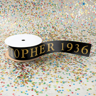 90th Birthday Name 1936 Black Gold Elegant Chic Satin Ribbon