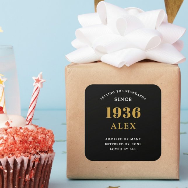 90th Birthday Name 1936 Black Gold Elegant Chic Square Sticker (Born 1936 sticker on a wrapped gift.)