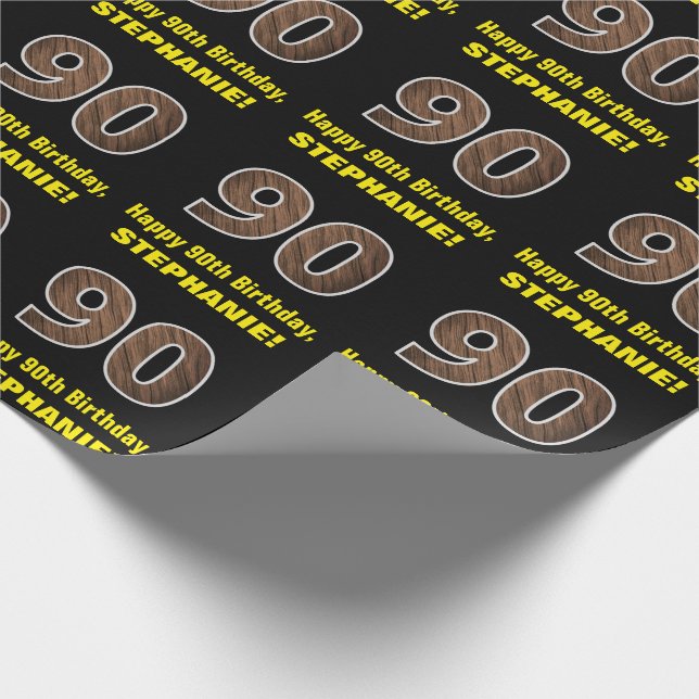 90th Birthday: Name & Faux Wood Grain Pattern "90" Wrapping Paper (Corner)