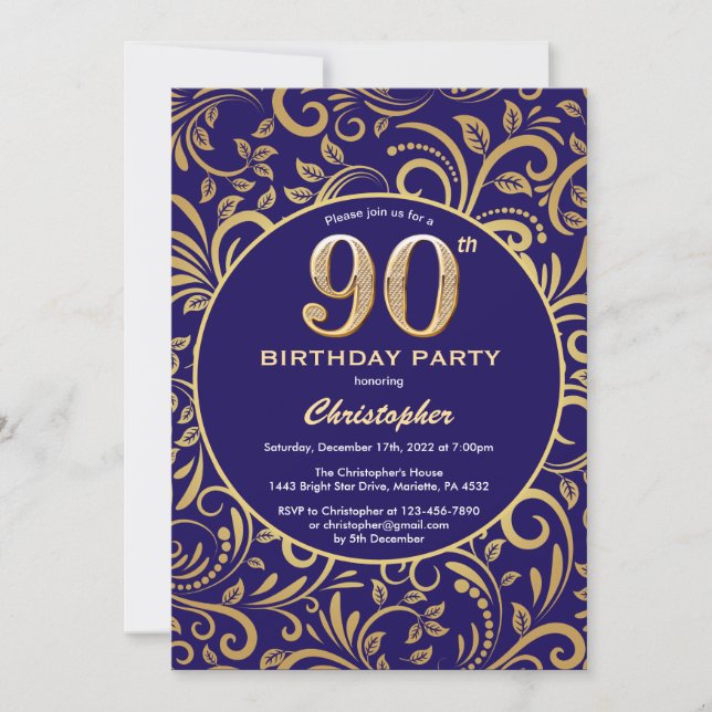 90th Birthday Navy Blue and Gold Floral Pattern Invitation (Front)