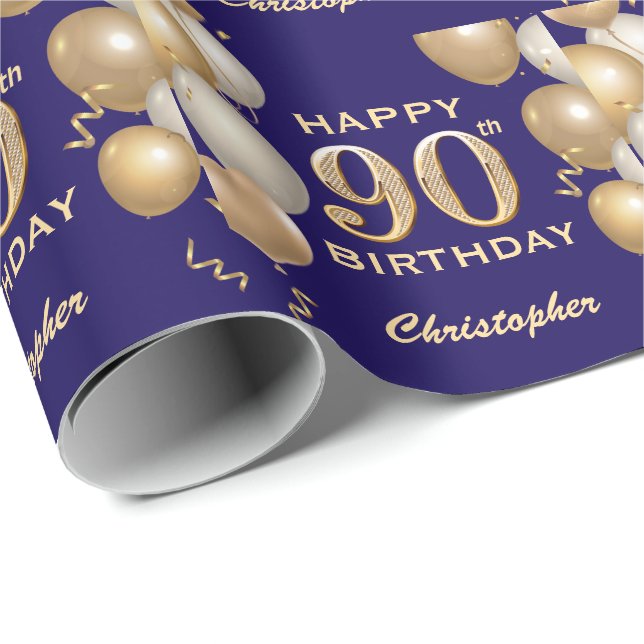 90th Birthday Navy Blue and Gold Glitter Balloons Wrapping Paper (Roll Corner)