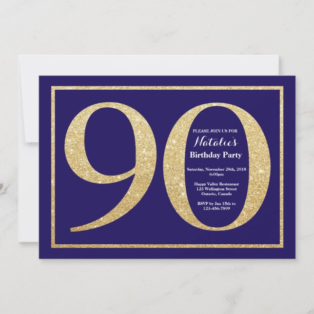 90th Birthday Navy Blue and Gold Glitter Invitation (Front)