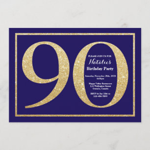 90th Birthday Navy Blue and Gold Glitter Invitation
